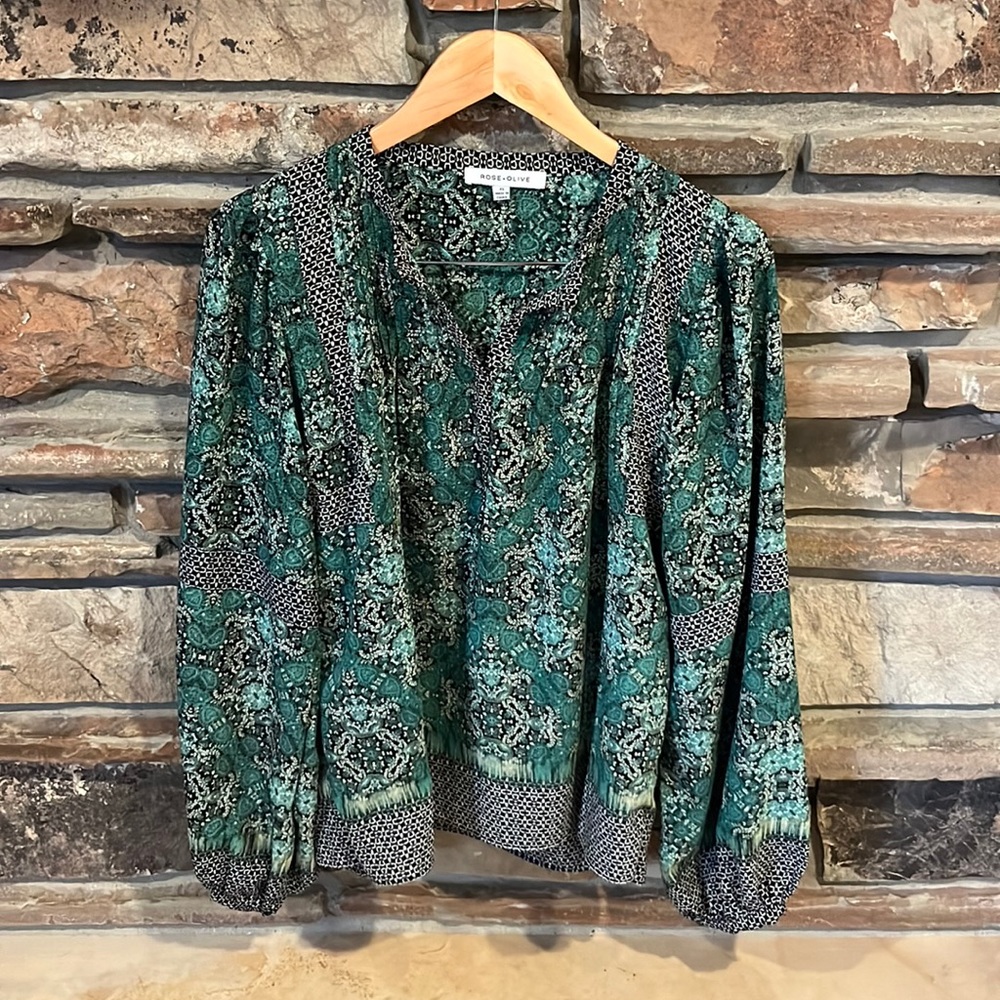 Rose + Olive Green Paisley Puff Sleeve Blouse